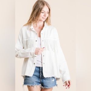 BLUE B Women’s White Studded Fringe Denim Jacket